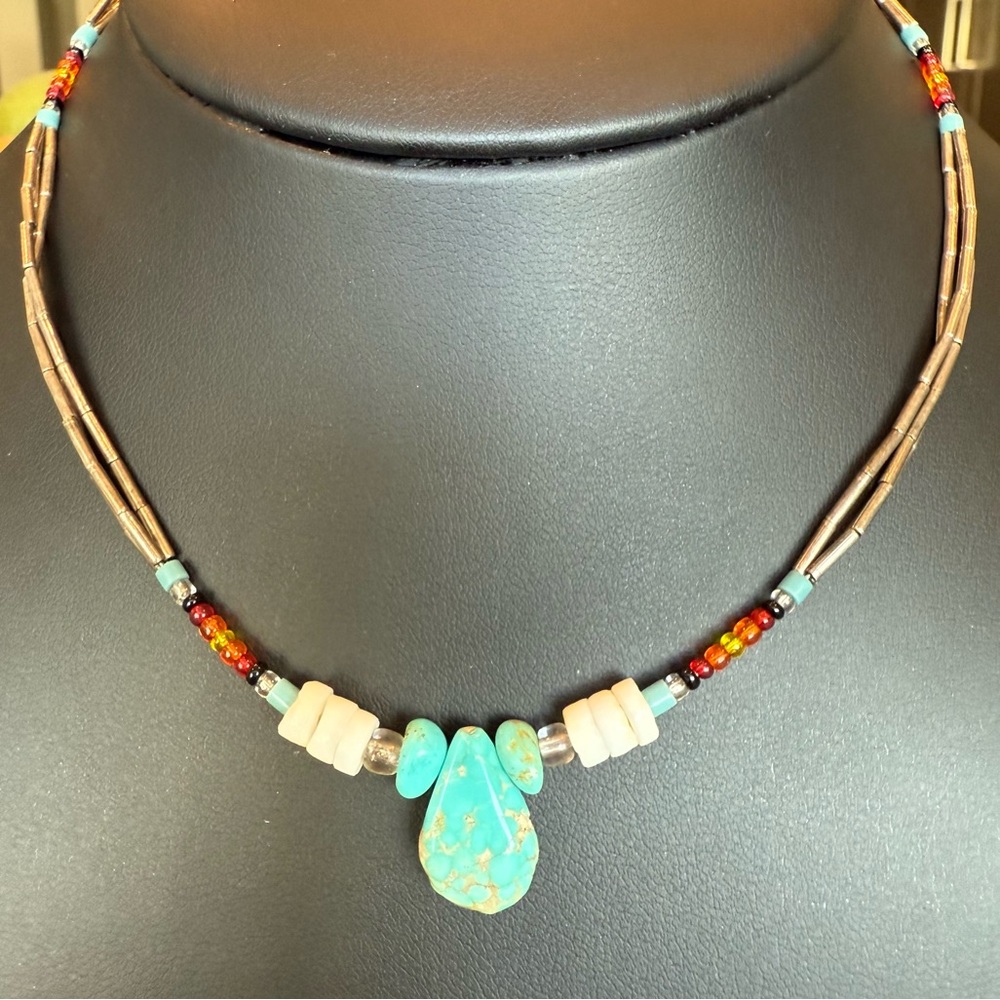 Southwestern Turquoise Beaded Multi Strand Silver Tone Tube Bead Necklace 15”